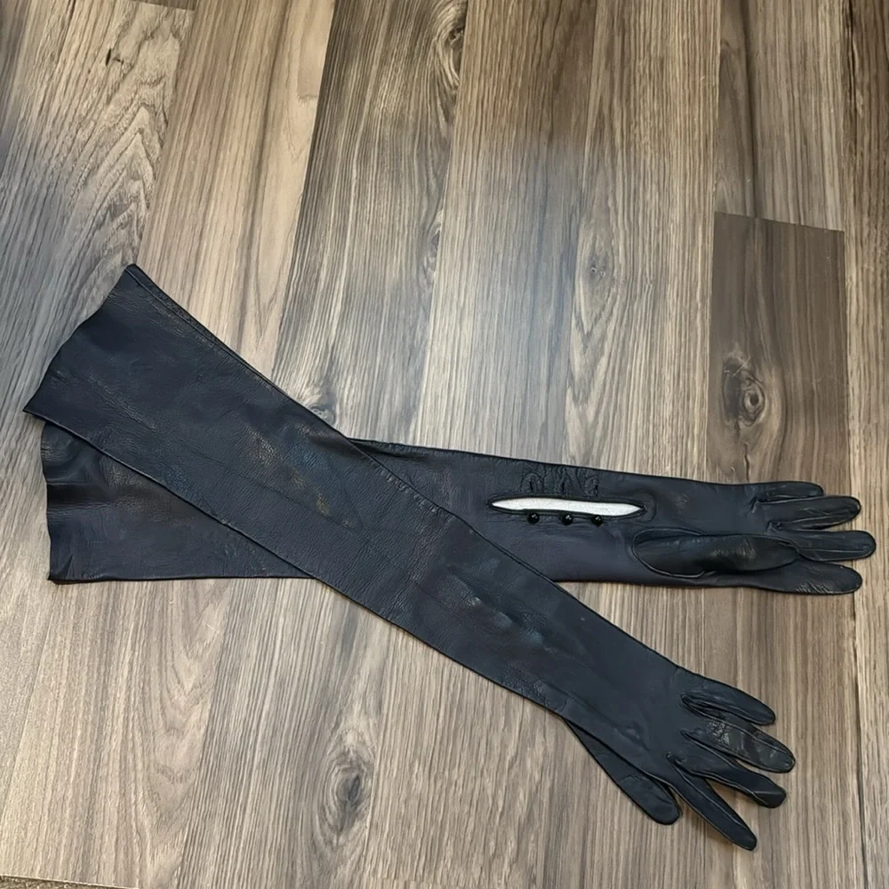 Antique Leather Soft Genuine Black Long Opera Evening Petite Chic Gloves Italy 7 - Picture 4 of 15